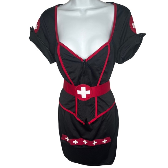 Spirit Cardiac Arrest Nurse Costume Womens XL Black Red Dress Hat Belt 01513951 - Picture 1 of 6